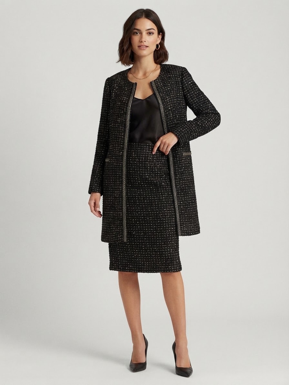 Tahari Women’s 18W Plus Size Navy Metallic Silver Chain Boucle Skirt Suit Coat